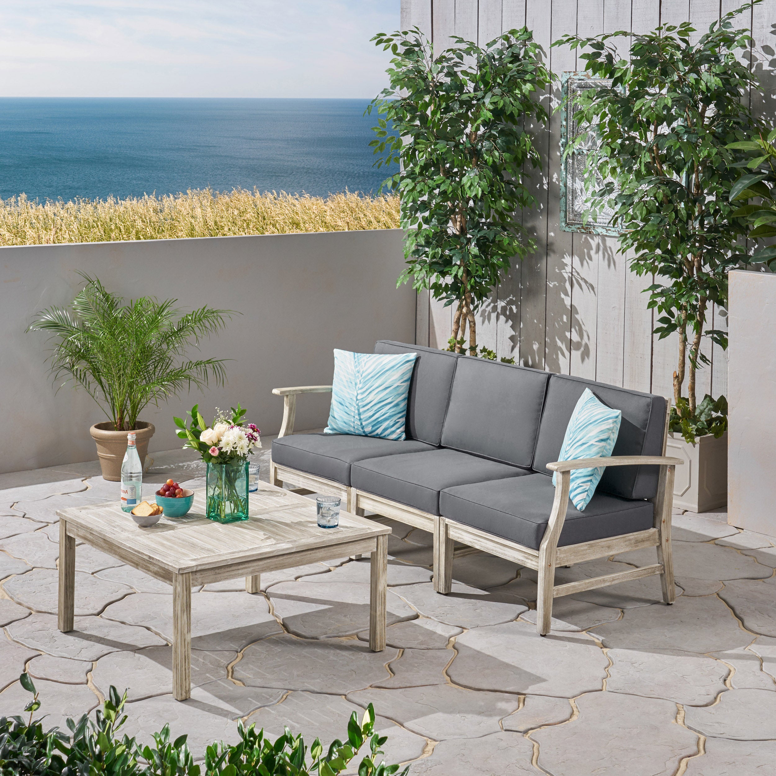 Lorelei Outdoor 4 Piece Acacia Wood Sofa and Coffee Table Set