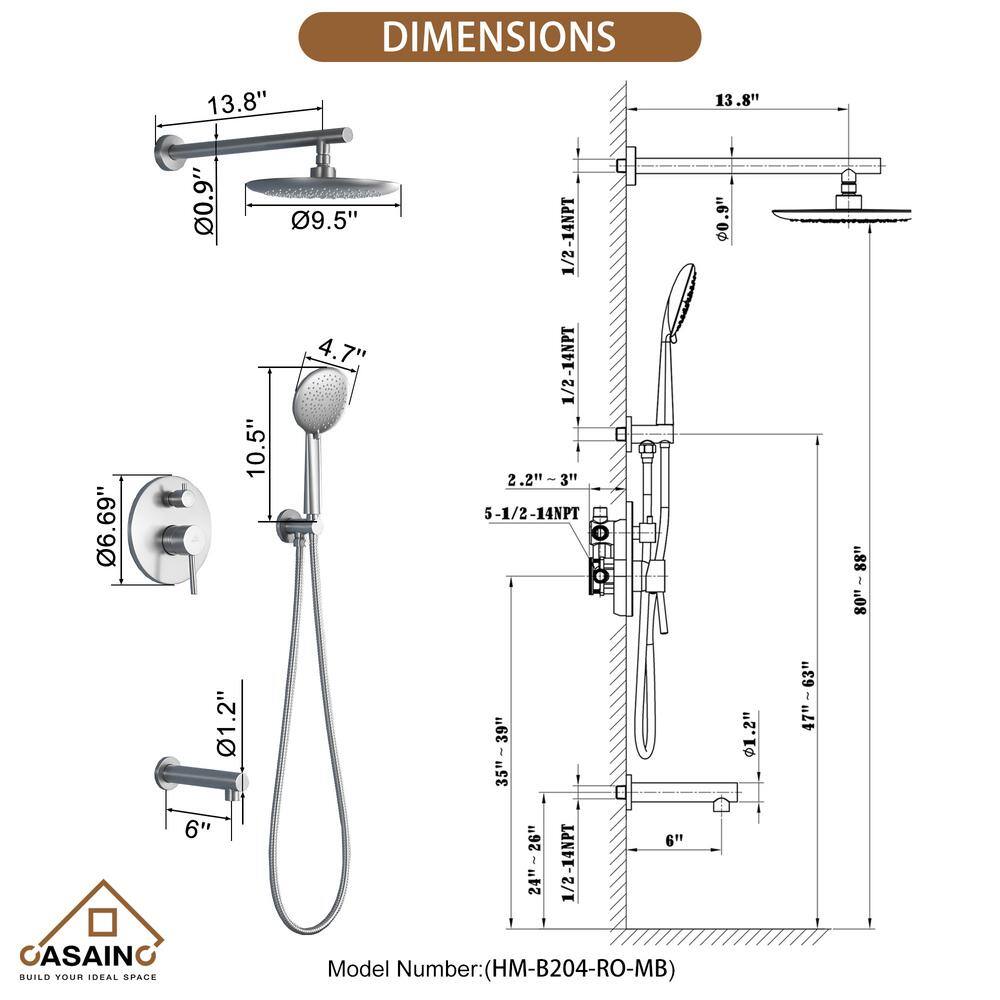 CASAINC 5-Spray Patterns 9.5 in. Tub Wall Mount Dual Shower Heads in Spot Resist Brushed Nickel HM-B204-RO-BN