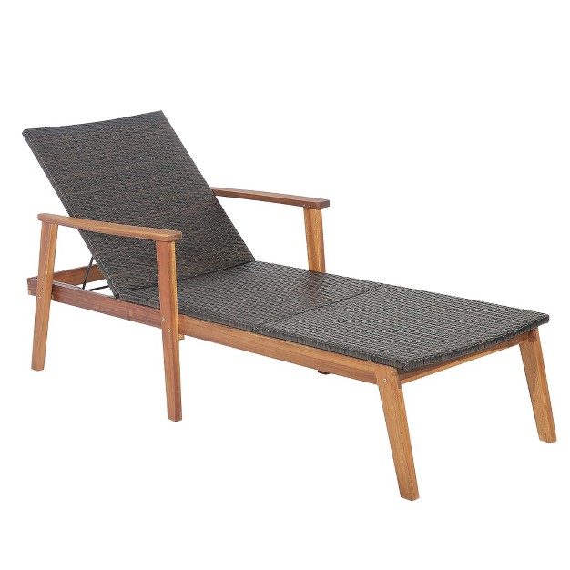 Costway Patio Rattan Chaise Lounge Chair Recliner Back Adjustable Acacia Wood Garden