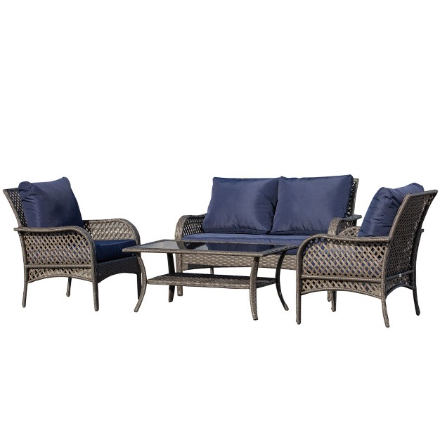 Outsunny 4 piece Outdoor Wicker Sofa Set Outdoor Pe Rattan Conversation Furniture With 4 Chairs amp Table Water fighting Material