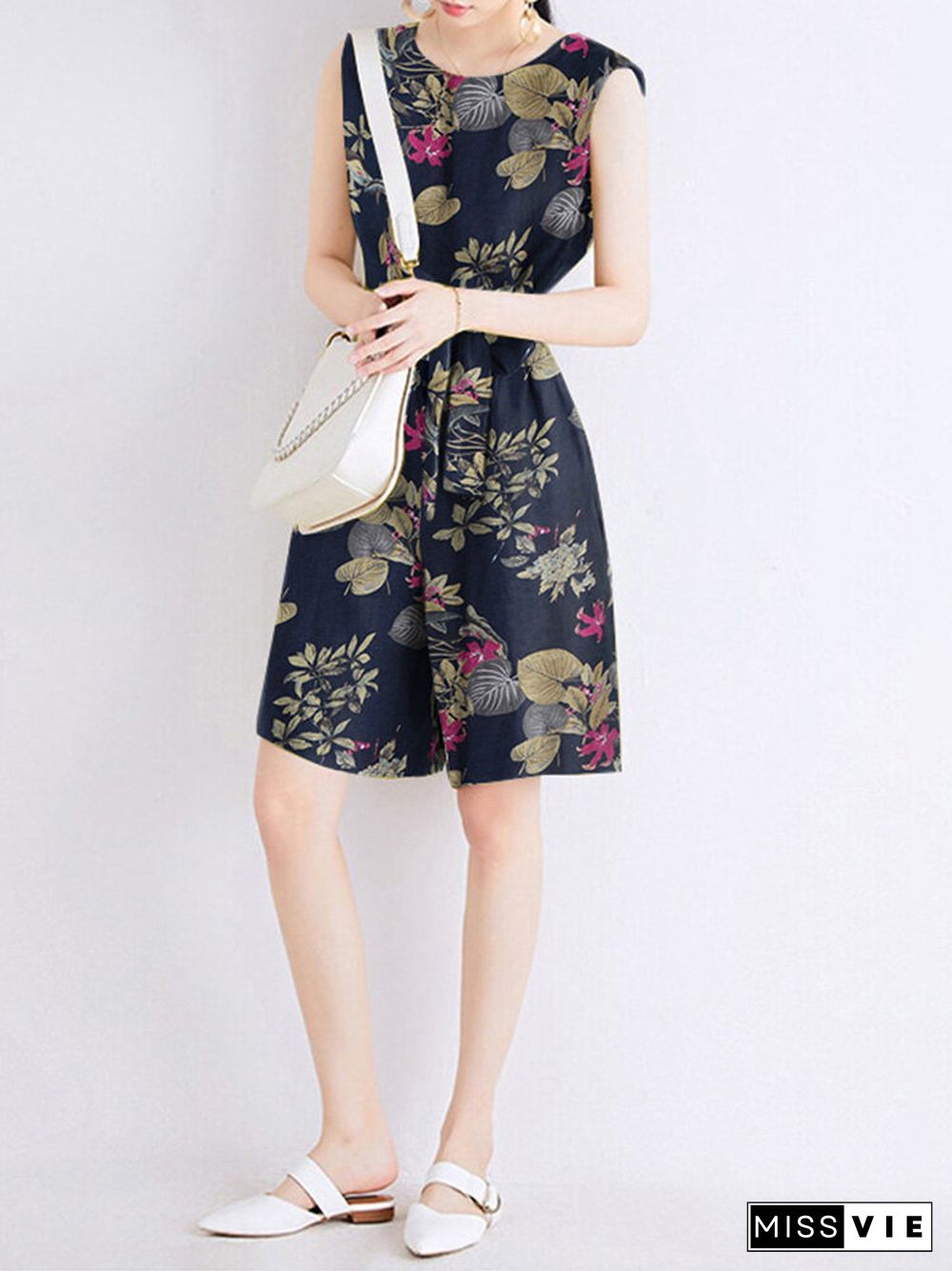 Random Flower Print Pocket Sleeveless Belt Wide Leg Romper