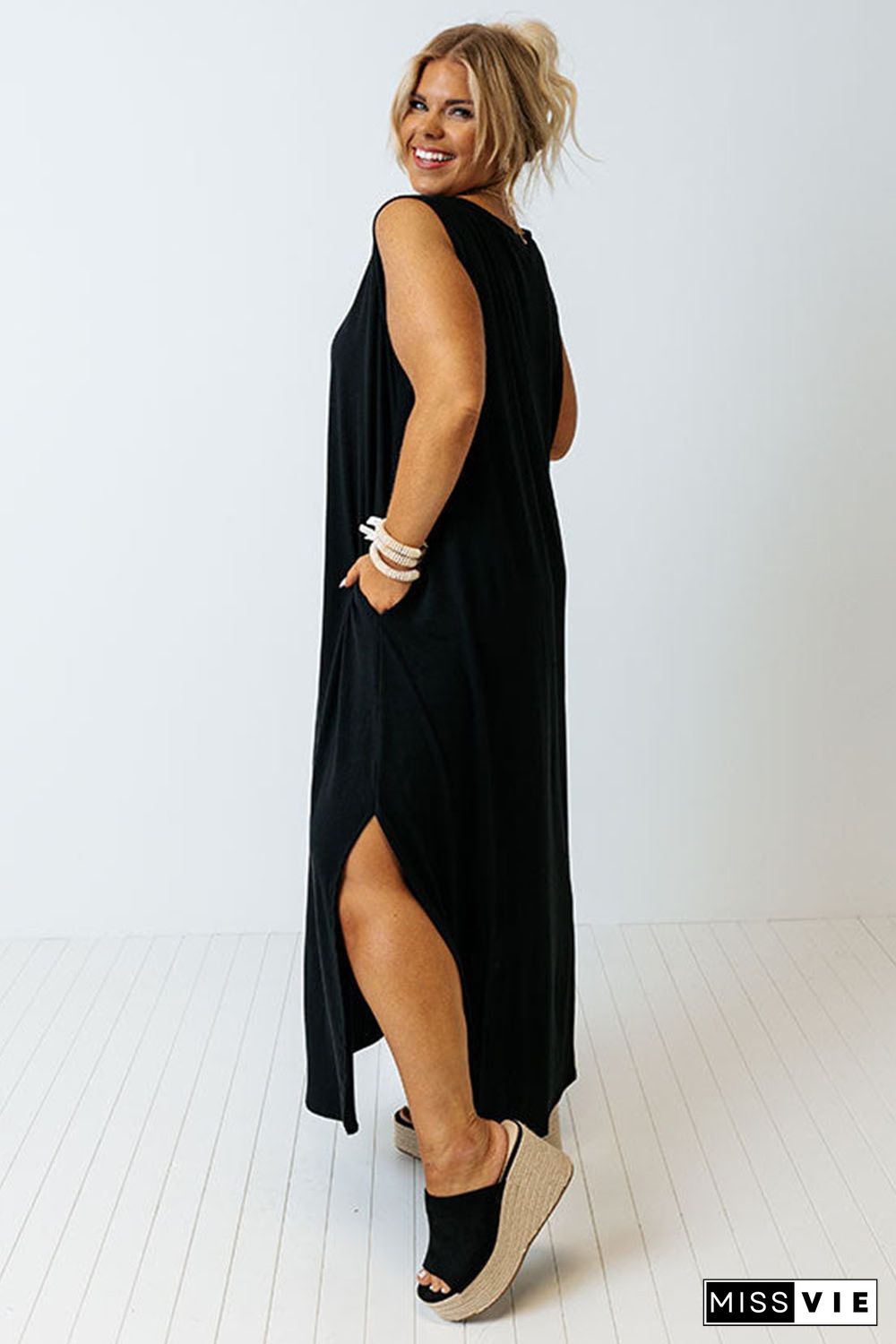 Black Plus Size Wide Sleeveless Shoulder Straps Maxi Dress