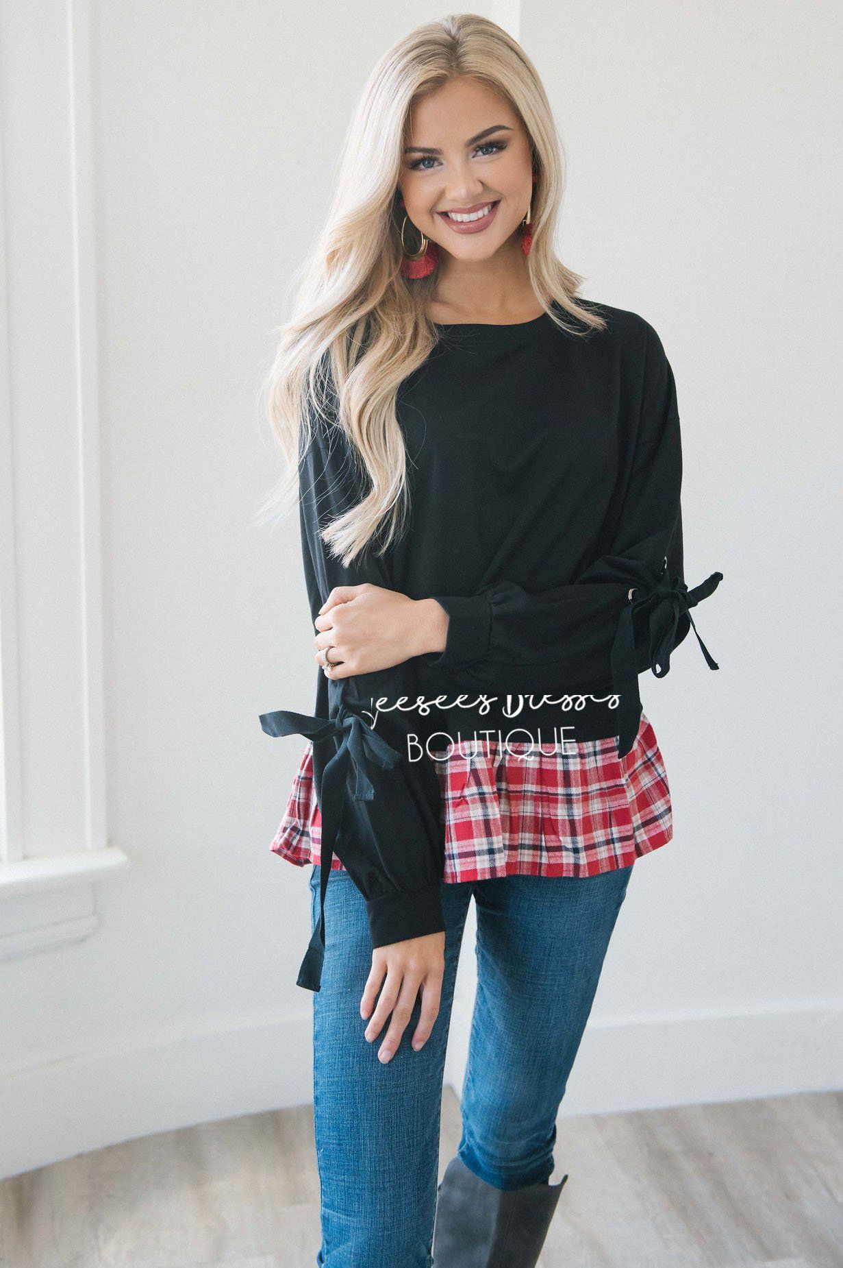 Tie Sleeve Plaid Ruffle Hem Sweater