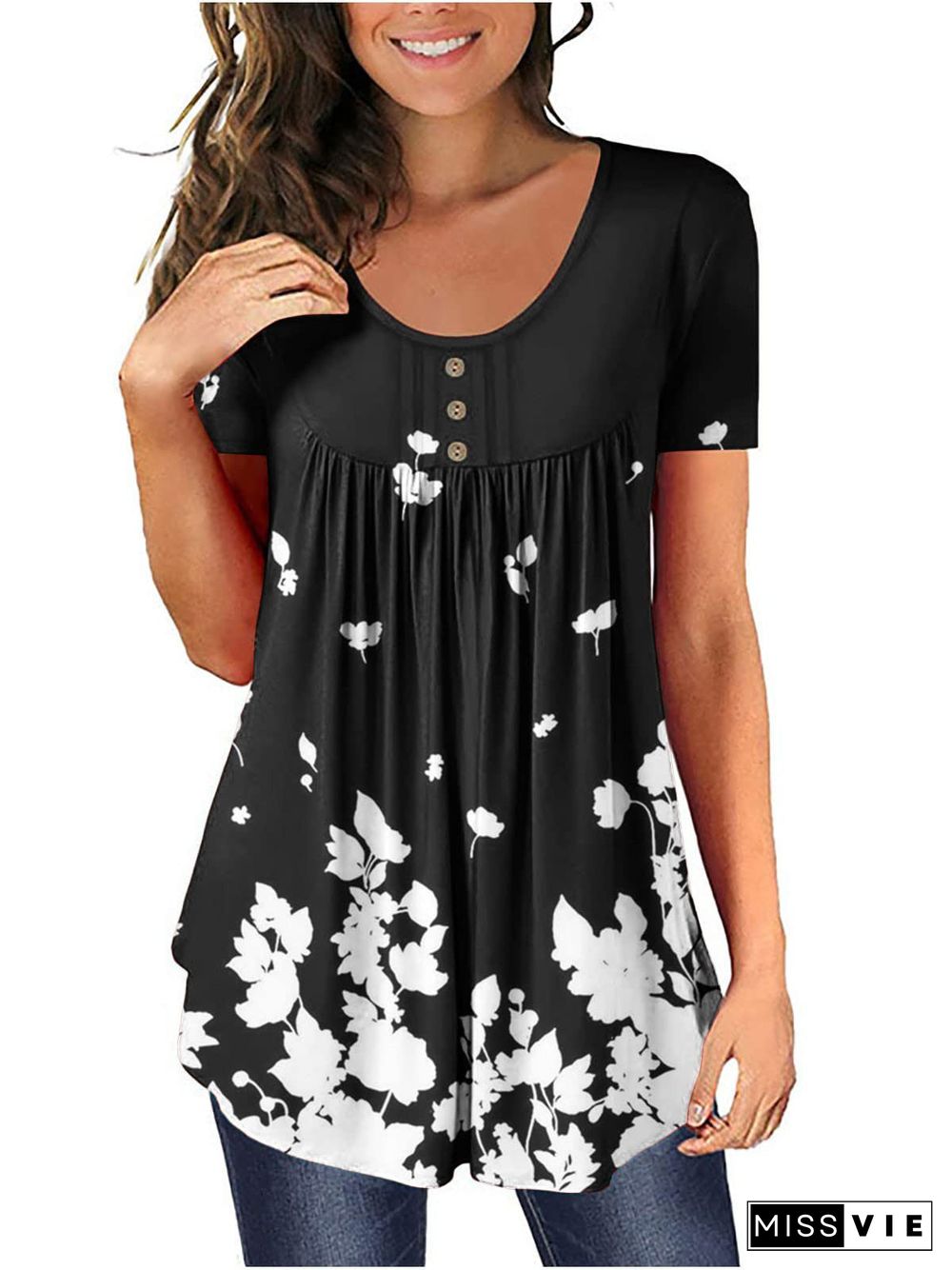 Women's V Neck Short Sleeve Floral Print Top T-Shirt