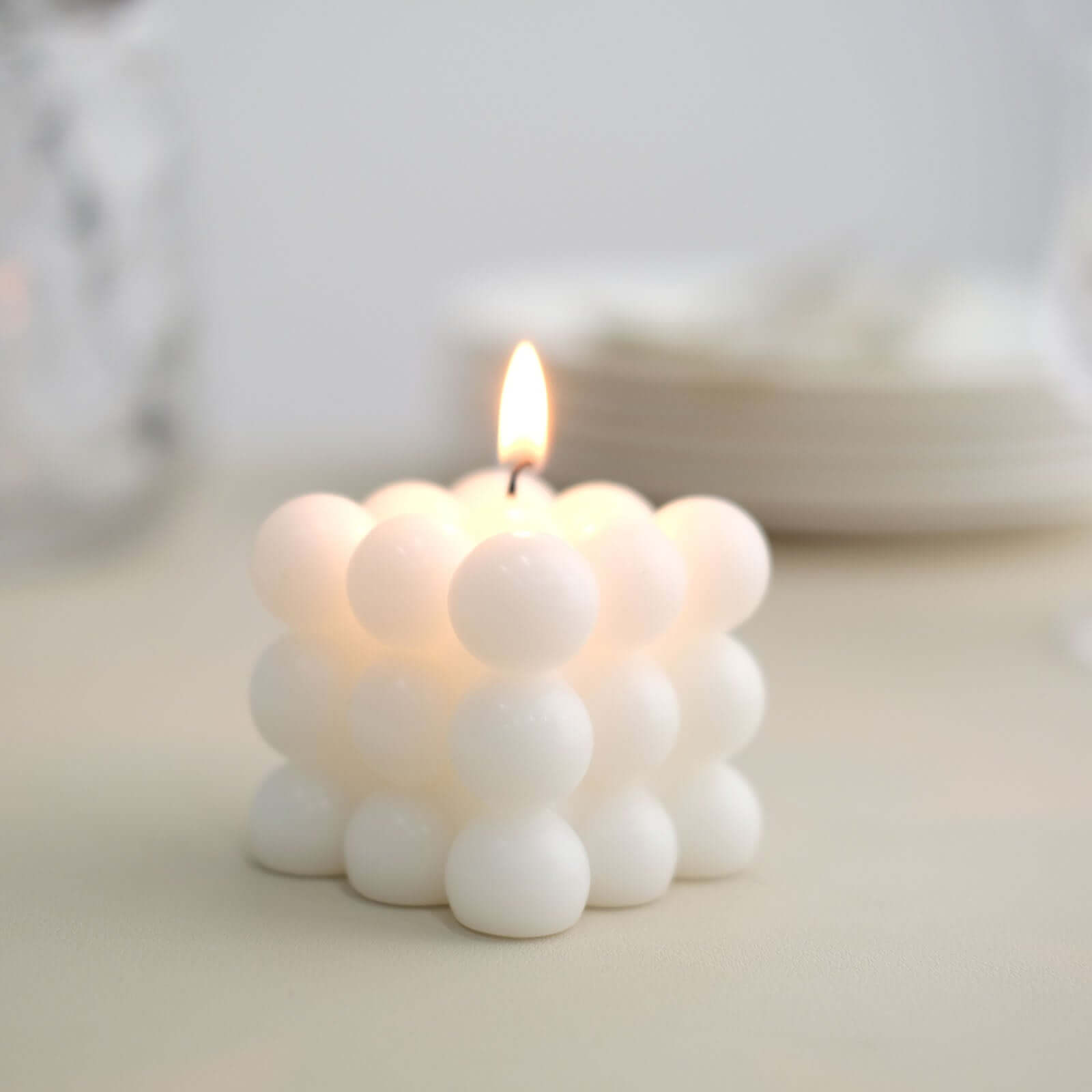 2 Pack White Bubble Cube Decorative Paraffin Wax Candle Set, Unscented Long Burning Pillar Candle Gift 2