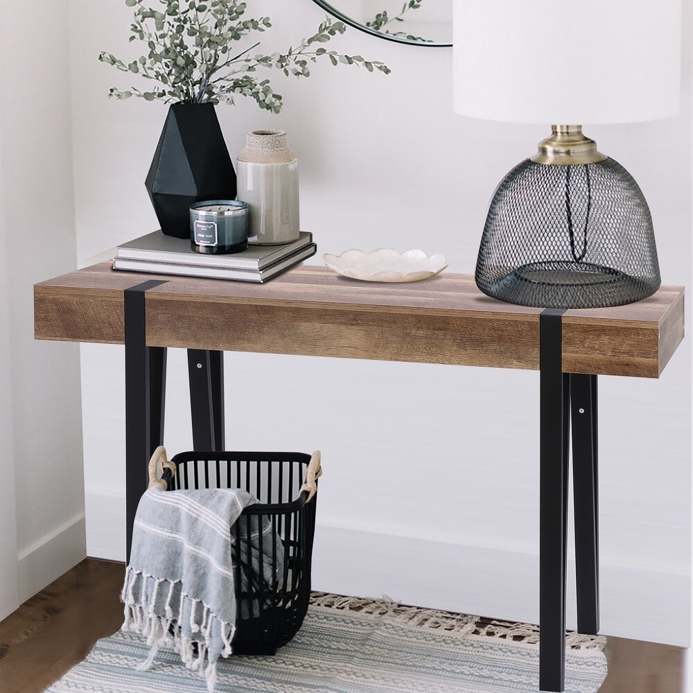 Oak Finish MDF Wood and Black Metal Console Entry Table   30\