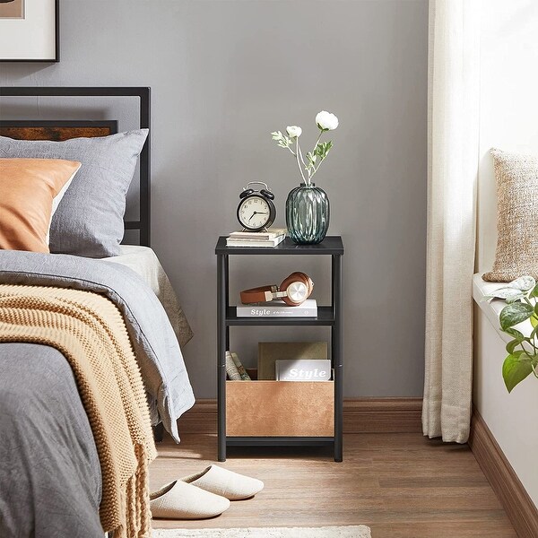 Side Table， End Table with Storage Shelves， 3-Tier Slim Tall Table， Steel Frame， for Living Room， Rustic Brown and Black