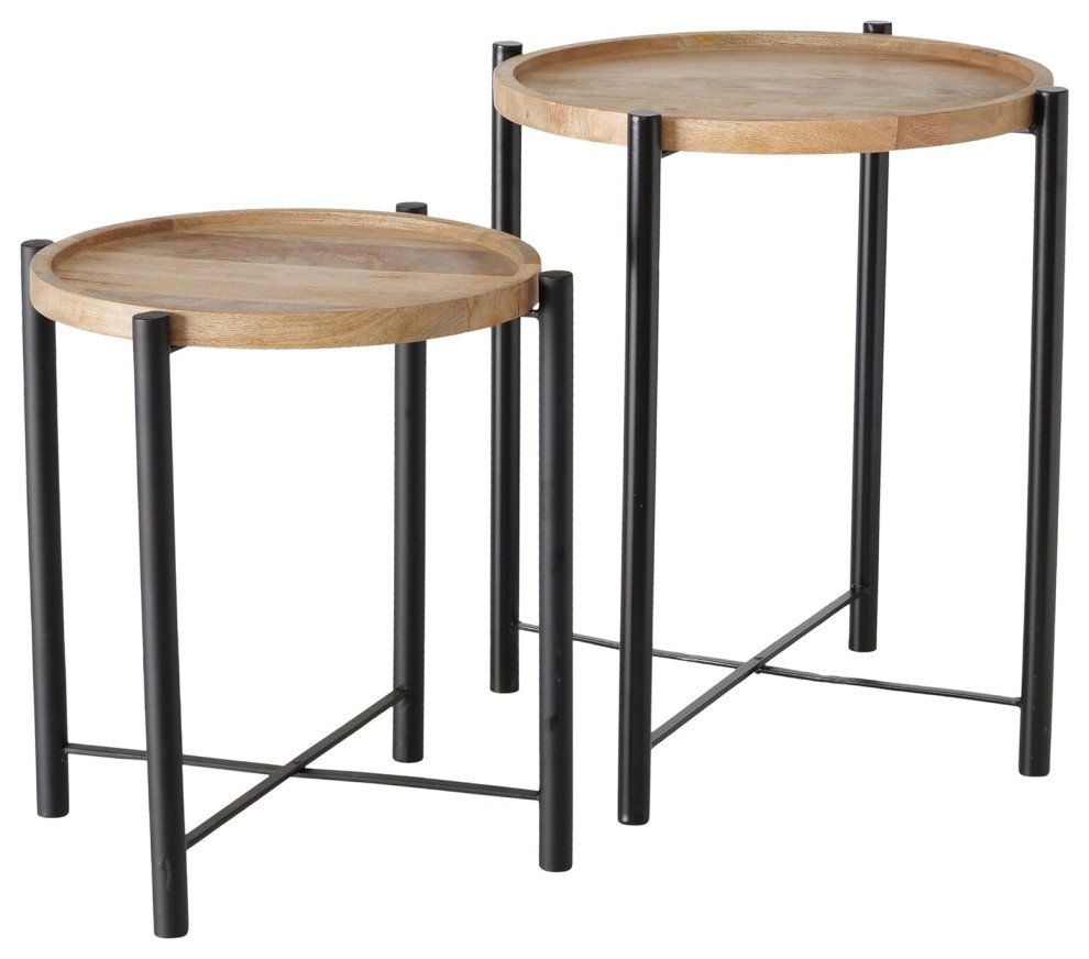 End Tables  Set of 2  Ash Mango Wood Tops  Folding Metal Base  21.75 Inches   Midcentury   Side Tables And End Tables   by Whole House Worlds  Houzz