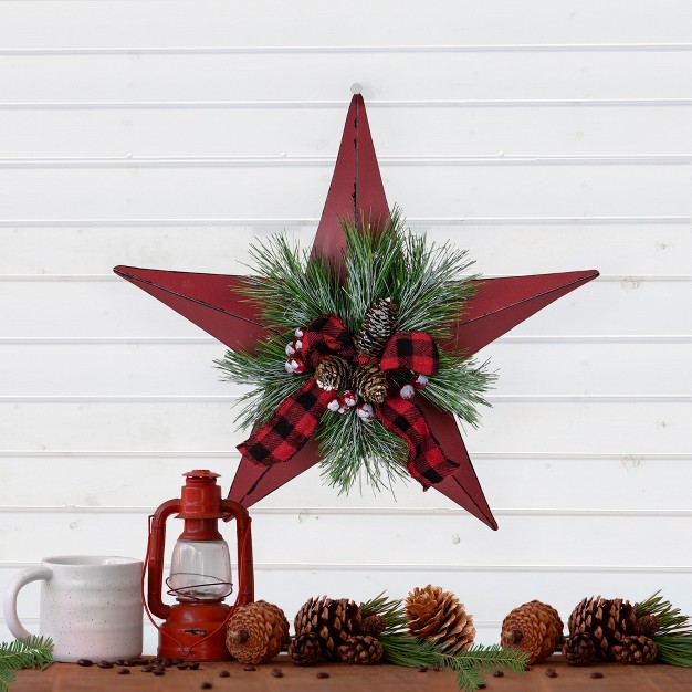 Red Distressed 5 Point Christmas Star With Plaid Ribbon With Artificial Pine