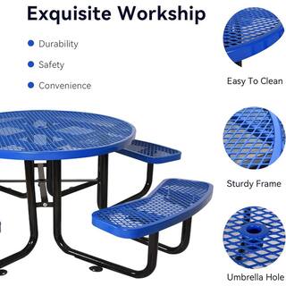 Afoxsos Blue Round Outdoor Steel Picnic Table Dining Table 46 in. with Umbrella Pole DJMX999