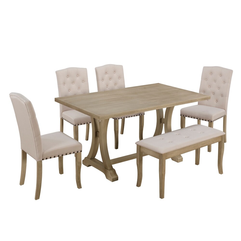 6 Piece Farmhouse Dining Table Set Table and 4 Upholstered Chairs   Bench