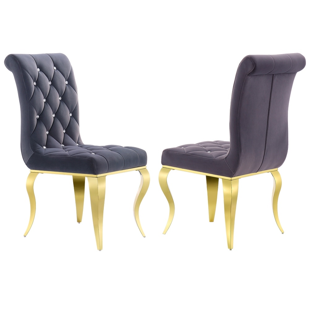 Luxury Gray Velvet Tufted Upholstered Dining Chairs with Polished Gold Cabriole Legs