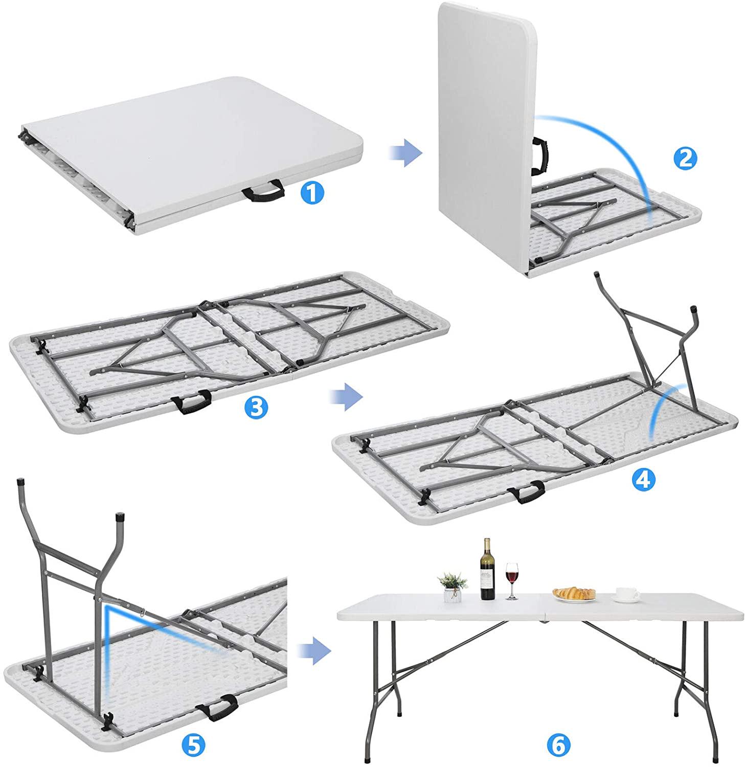 SKONYON Folding Utility Table 6ft Fold-in-Half Portable Plastic Picnic Party Dining Camp Table， White