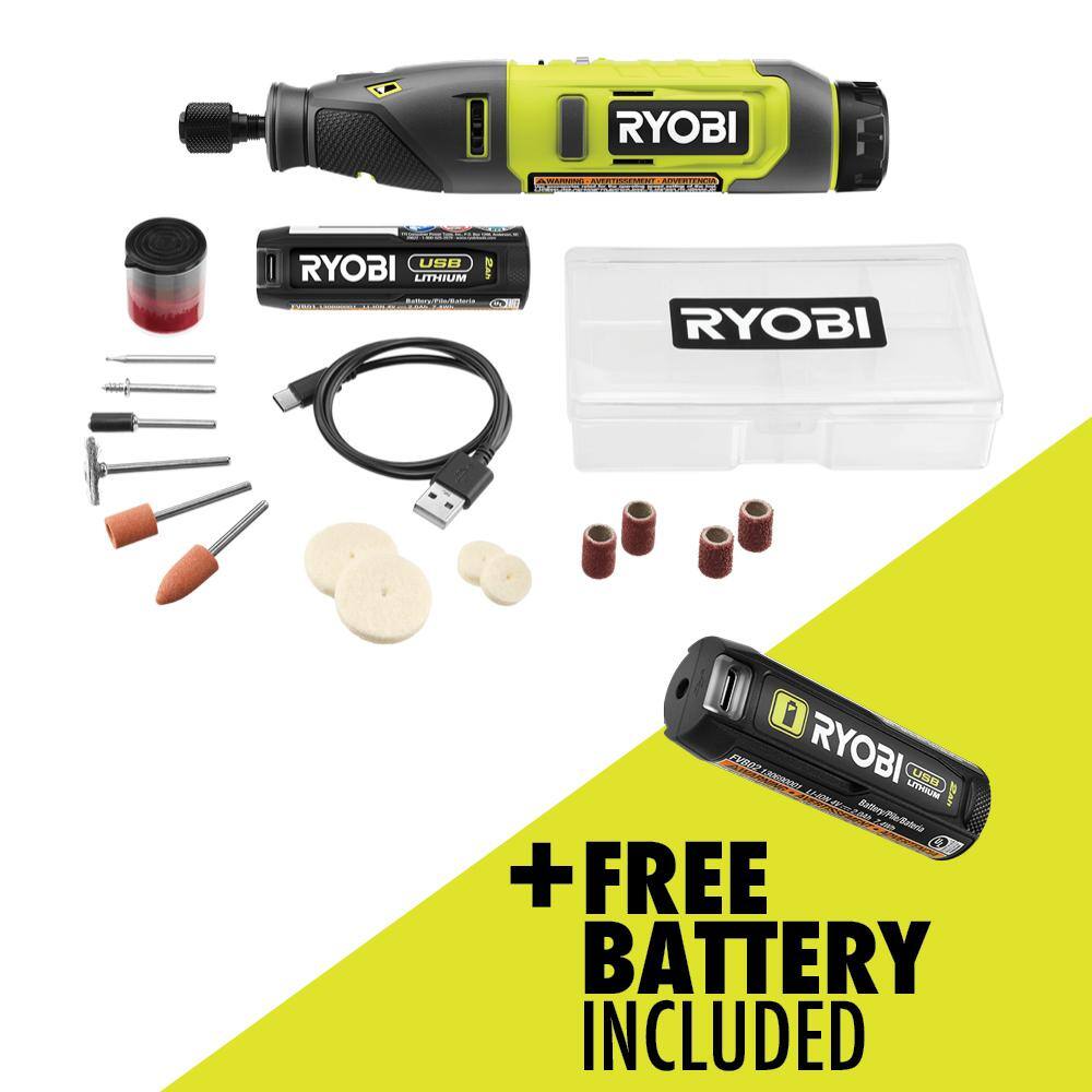 RYOBI USB Lithium Rotary Tool Kit with FREE USB Lithium 2.0 Ah Lithium Rechargeable Battery FVM51K-FVB02