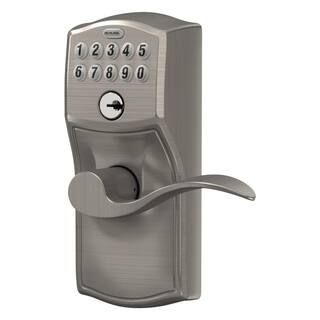 Schlage Camelot Satin Nickel Electronic Keypad Door Lock with Accent Handle and Flex Lock FE595 V CAM 619 ACC