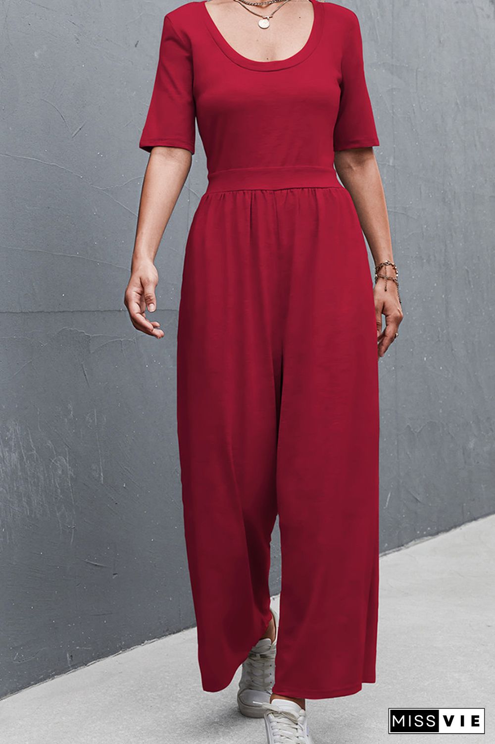 Solid Color Short Sleeve Wide Leg Jumpsuit Wholesale