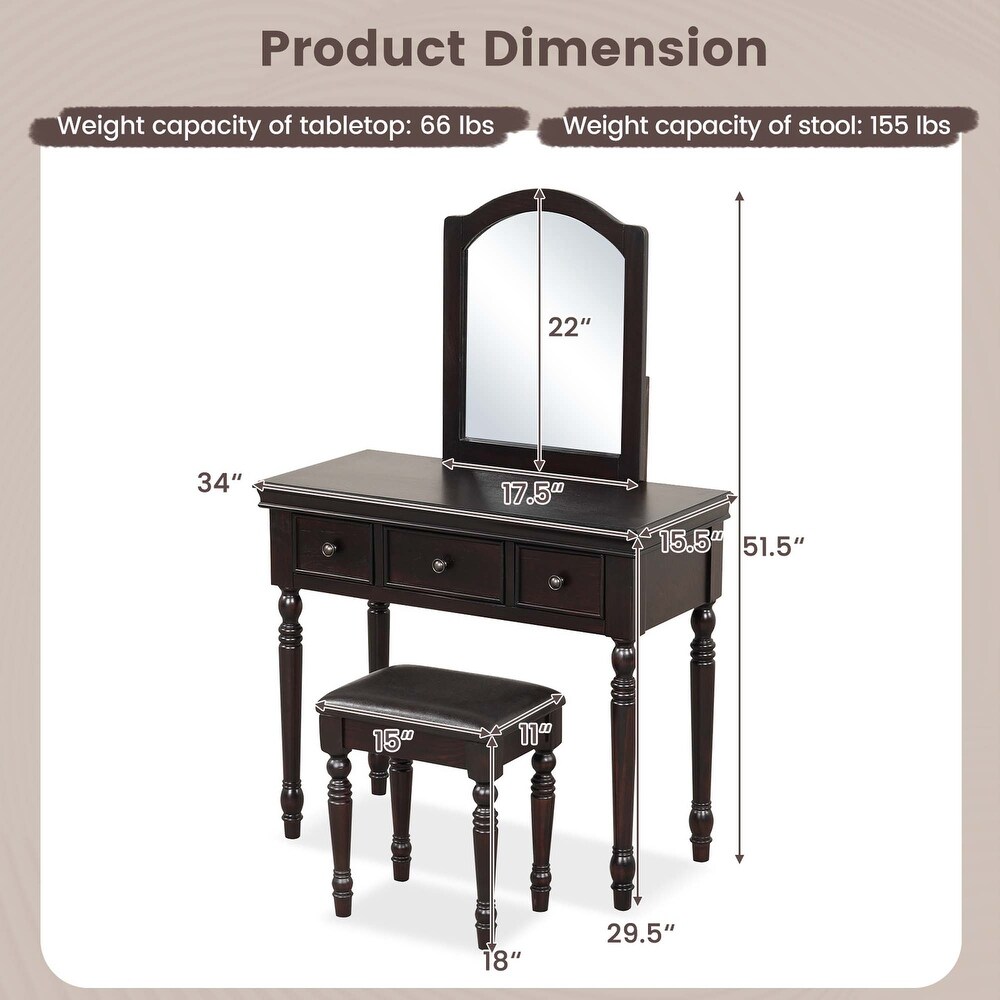 Costway Vanity Table Set Makeup Desk Cushioned Stool 3 Drawer Large   See Details