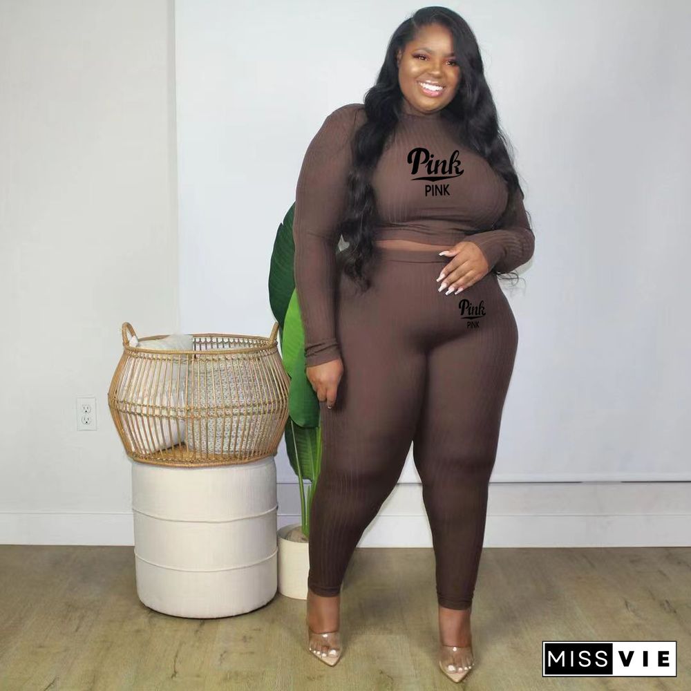 Plus Size Ribbed Long Sleeve Crop Top Skinny Pants Set