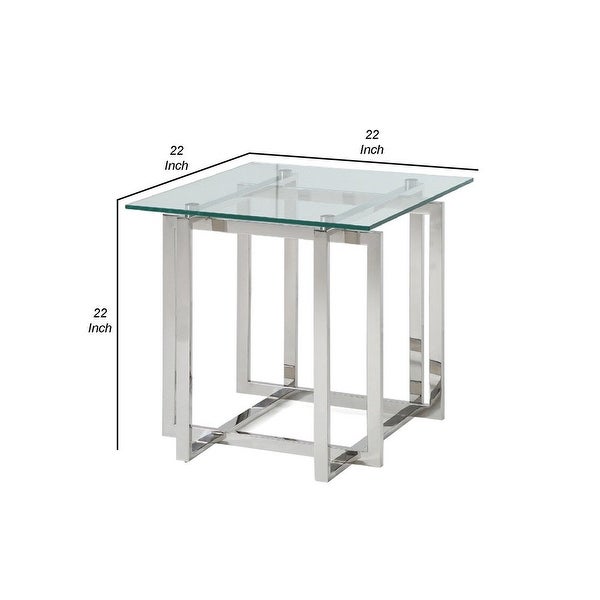 Cid 22 Inch Modern End Table， Glass Top， Intersected Steel Base， Chrome - 22L x 22W x 22H， Inches