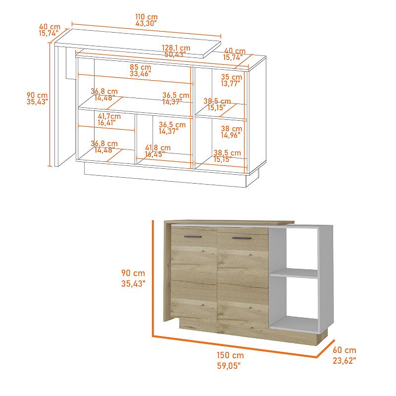 Aspen Kitchen Island， Two Concealed Shelves ， Three Divisions