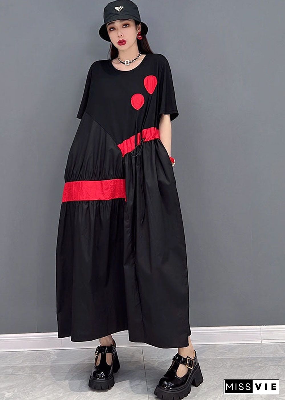 Stylish Streetwear Black Drawstring Asymmetrical Patchwork Cotton Pleated Dresses Short Sleeve