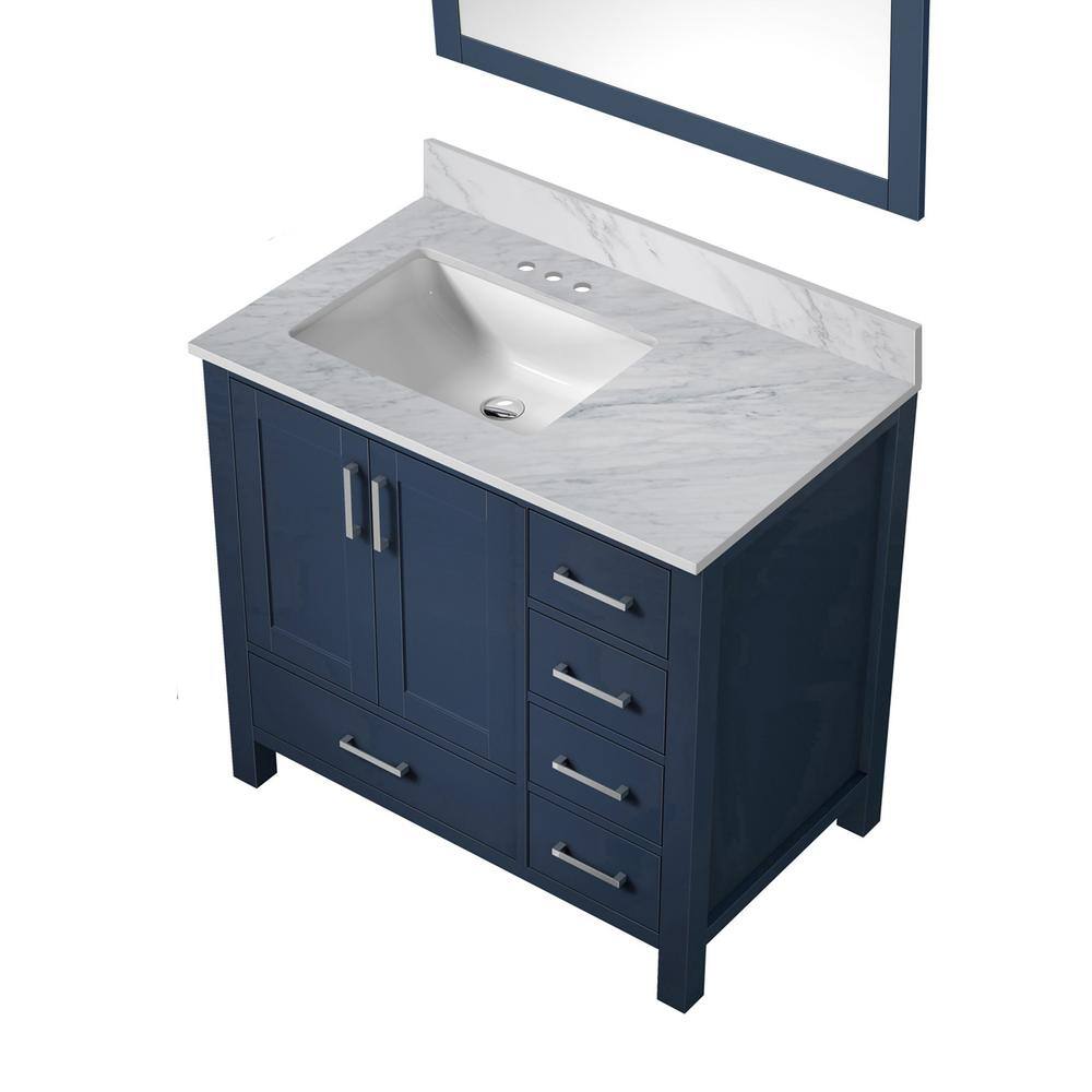 Lexora Jacques 36 in. W x 22 in. D Left Offset Navy Blue Bath Vanity Carrara Marble Top and 34 in. Mirror LJ342236SEDSM34L