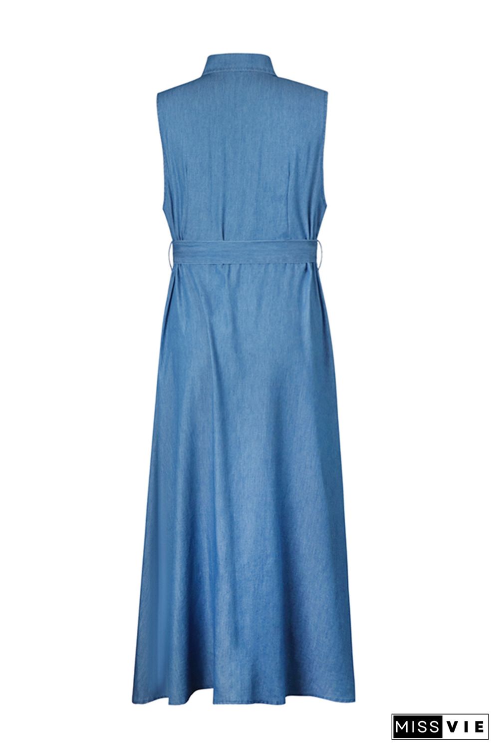 Sleeveless Button Pocket Waist Tie Denim Dress