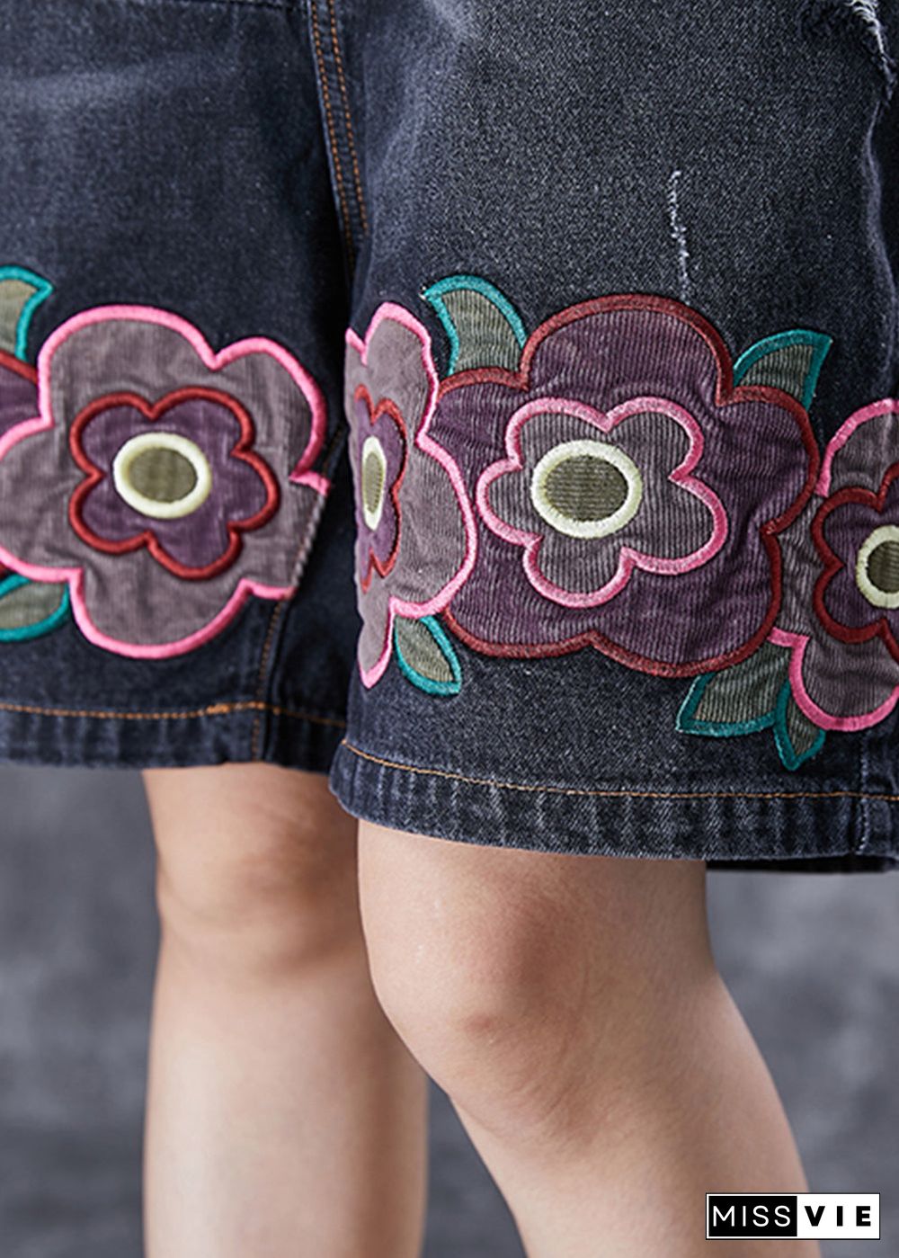 Bohemian Black Elastic Waist Embroideried Floral Denim Shorts Summer