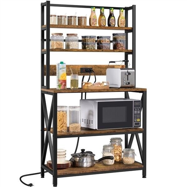 5-Tier Kitchen Bakers Rack with Power Outlet Microwave Stand Coffee Bar Station