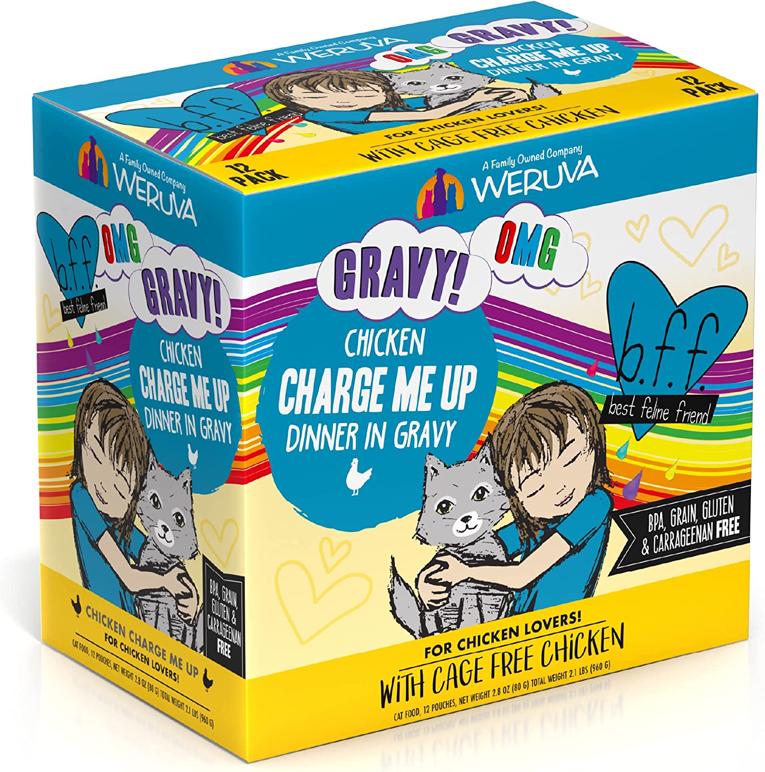 Weruva Wet Cat Food B.F.F. OMG - Best Feline Friend Oh My Gravy!， Chicken Charge Me Up with Chicken in Gravy， 2.8oz Pouch (Pack of 12)