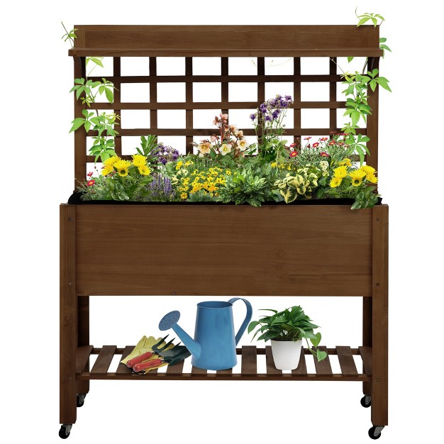 Outsunny 41'' Raised Garden Bed Mobile Elevated Wooden Planter Box Stand With Wheels， Trellis And Storage Shelf