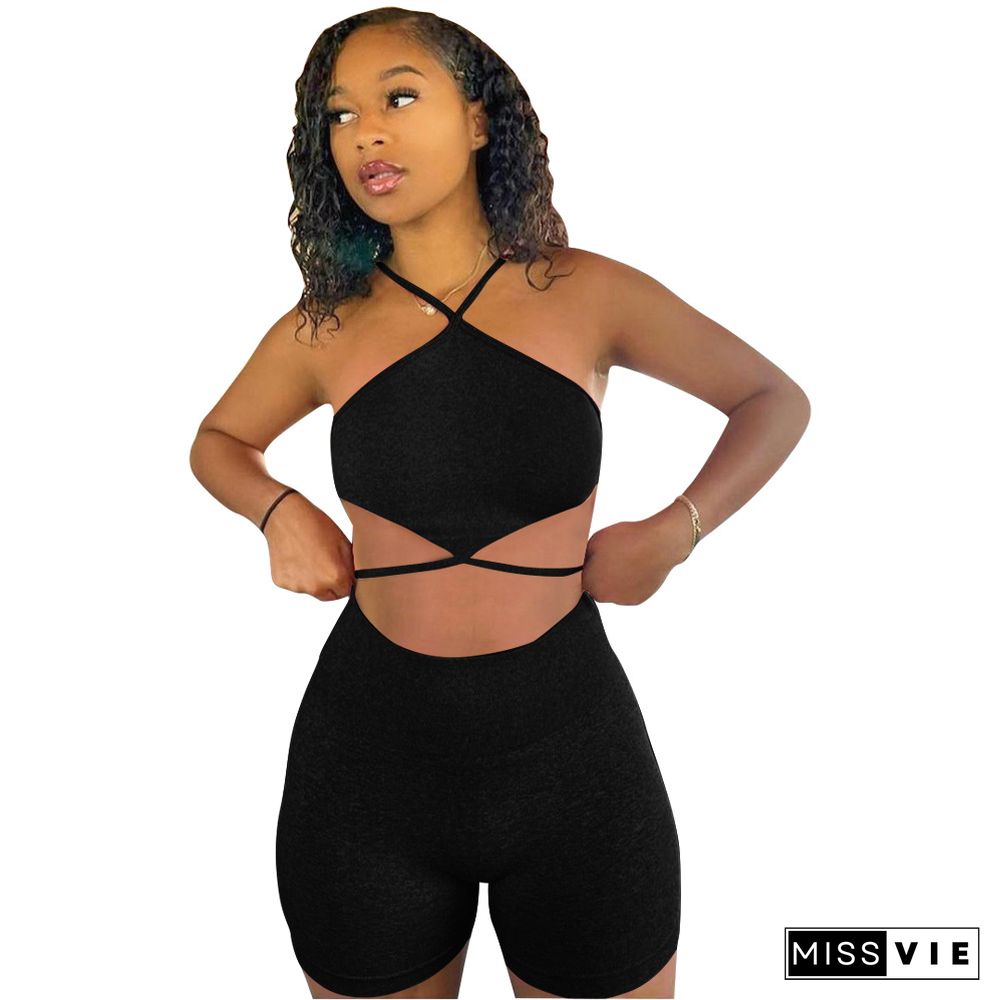 Sexy Solid Bandage Halter Crop Top Biker Shorts Two Piece Outfits