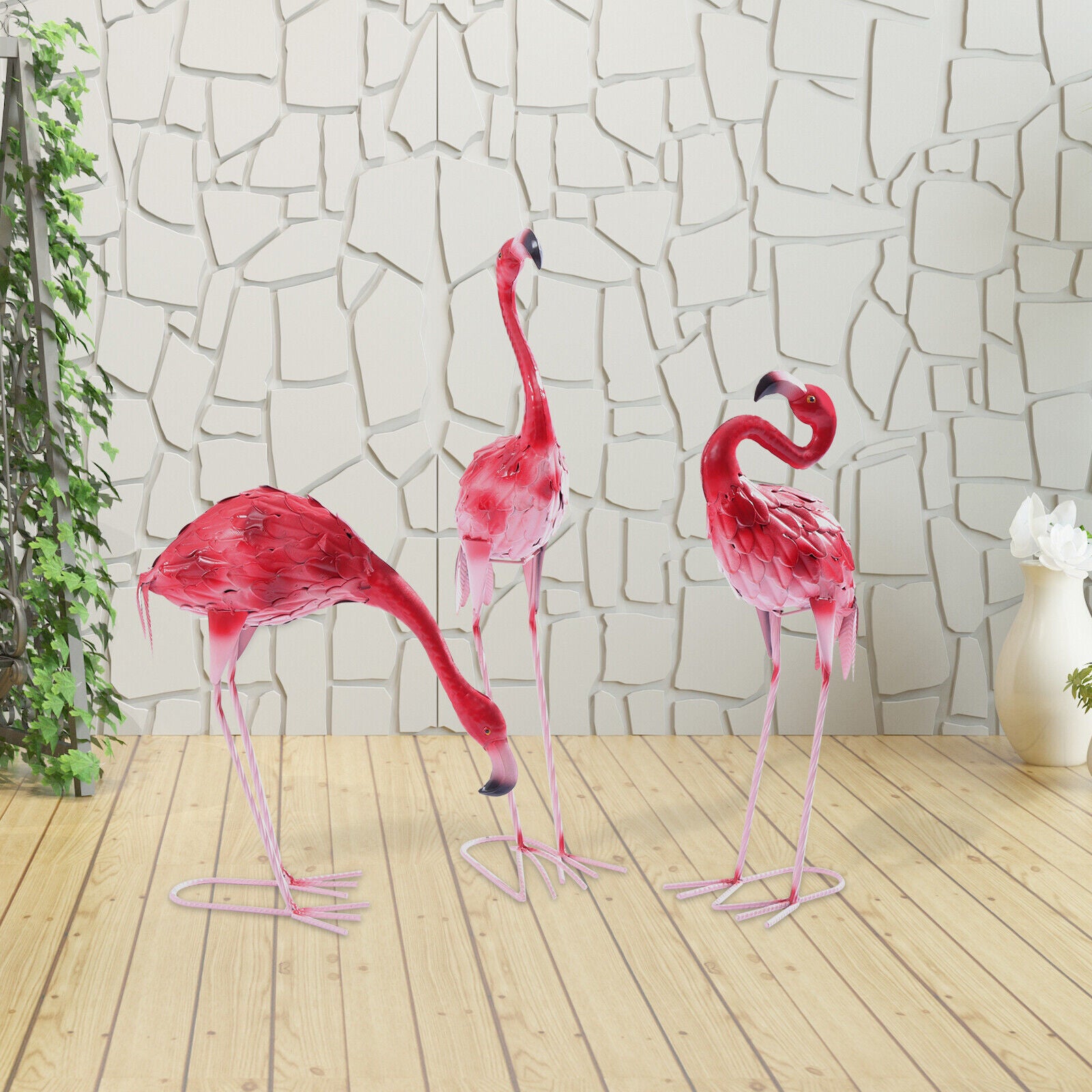 Flamingo Garden Statue Metal Sculpture Pink Animal Yard Art 3Pcs Modern Detachable Metal Vintage Garden Lawn Yard Flamingo Outdoor Statue Creative Three Little Flamingo Garden Iron