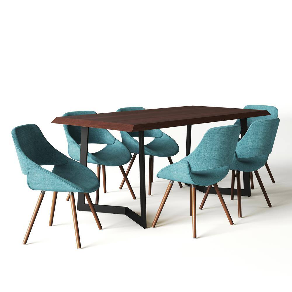 Simpli Home Malden Modern Industrial 7-Piece Dining Set w6 Upholstered Dining Chair in Turquoise Blue Woven Fabric  72 in.W Table AXCDS7MALNTB