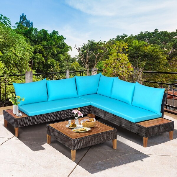 Costway 4PCS Patio Rattan Furniture Set Cushioned Loveseat w/Wooden