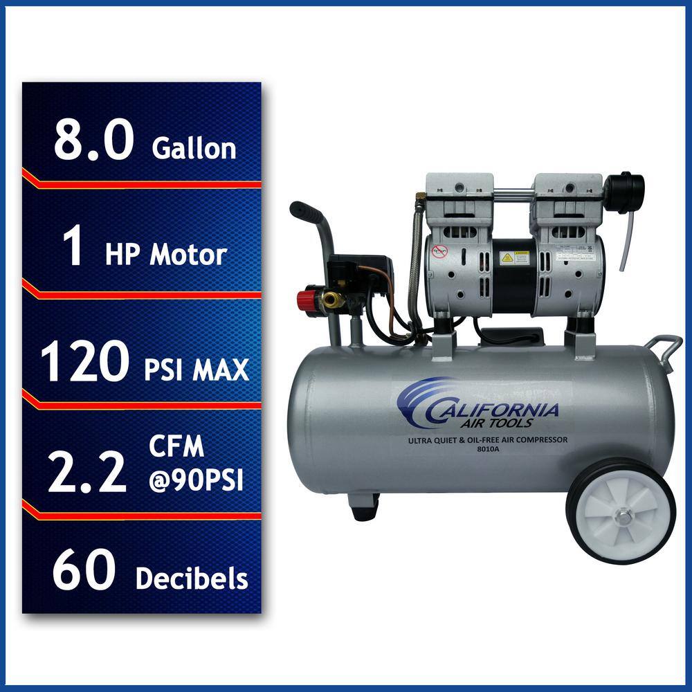 California Air Tools 8.0 Gal. 1.0 HP Aluminum Air Tank Ultra-Quiet and Oil-Free Portable Electric Lightweight Air Compressor 8010A