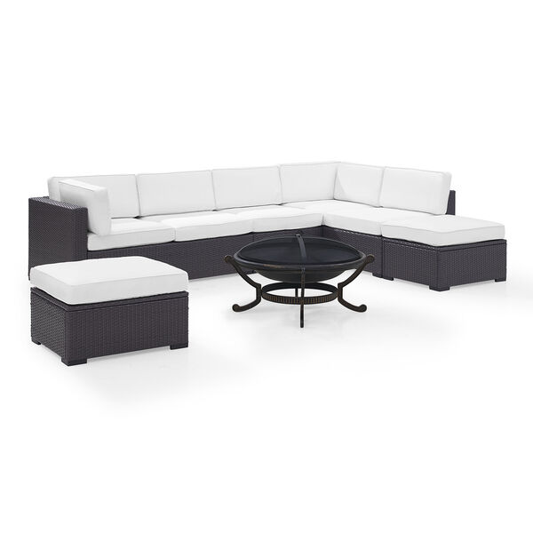 Biscayne 7 Person Outdoor Wicker Seating Set in White - Two Loveseats， One Armless Chair， Two Ottomans， Ashland Firepit