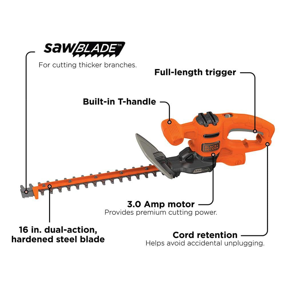 BLACK+DECKER 16 in. 3.0 Amp Corded Dual Action Electric Hedge Trimmer with Saw Blade Tip BEHTS125