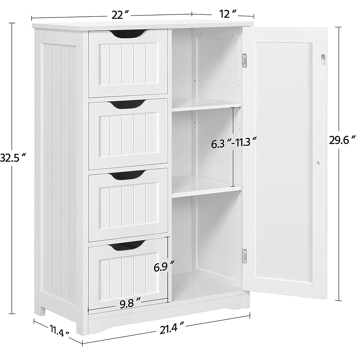 Vebreda 4 Drawer Bathroom Cabinet Storage Cupboard 3 Shelves Free Standing White