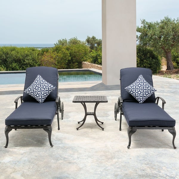 3-Piece Aluminum Reclining Outdoor Chaise Lounge with Table and Cushions