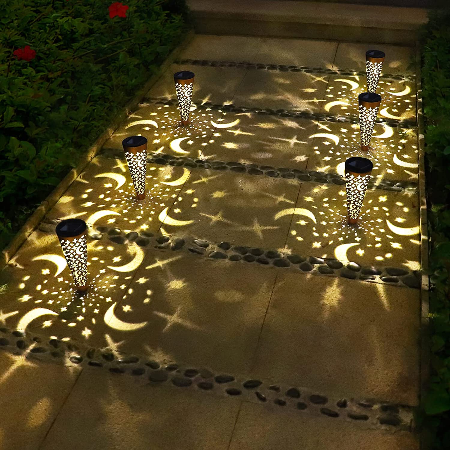 Singingarden Moon Star Garden Solar Lights Outdoor Decor Plastic Waterproof Solar Pathway Lights for Patio，Walkway，Lawn(Bronze， 6Pcs)