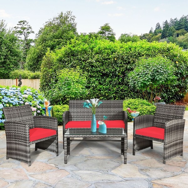 Costway 4PCS Patio Rattan Furniture Set Conversation Glass Table Top