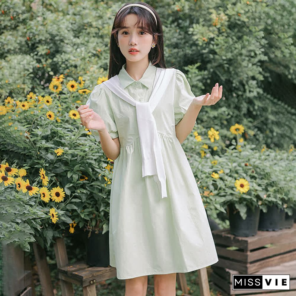 Loose Puff Sleeve A-line Lapel T-Shirt Dress