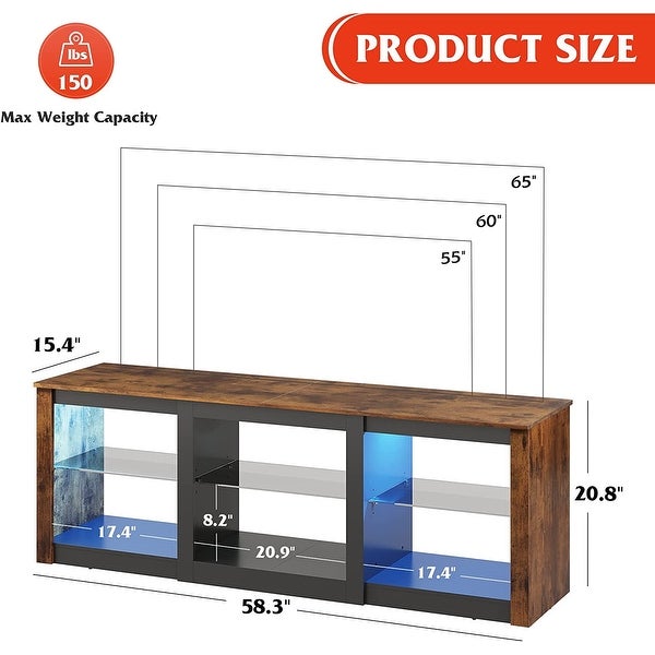 TV Stand with LED Lights for TVs up to 65 inch， Entertainment Center with Glass Shelves， Modern TV Stand for Living Room