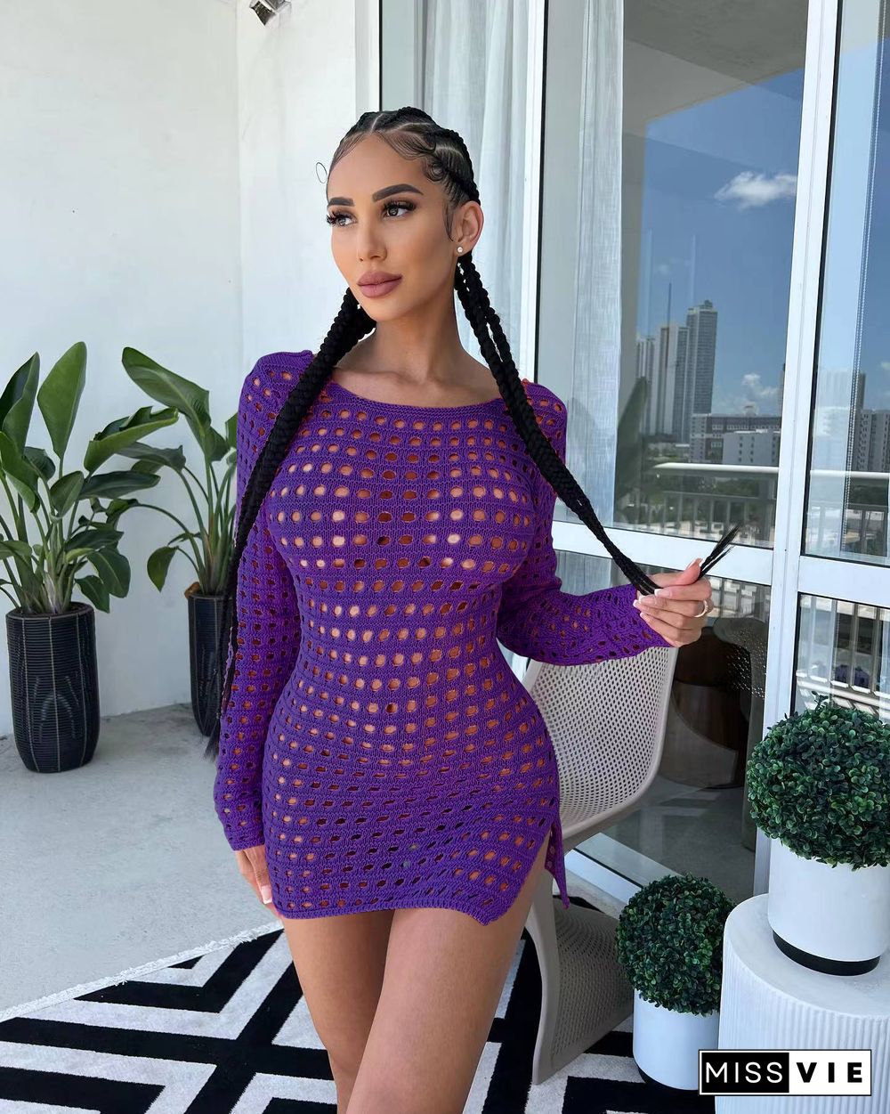 Hollow Out Backless Long Sleeve Sexy Short Dresses