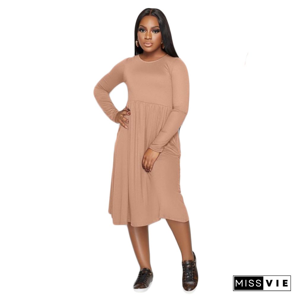 Solid Color Long Sleeve A Line Plus Size Dresses