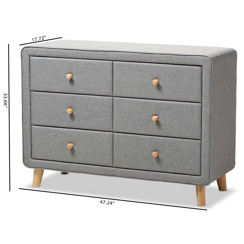 Hawthorne Collection 6 Drawer Fabric Upholstered Dresser in Gray