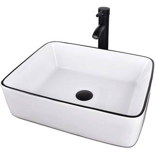 Puluomis White Ceramic Rectangular Vessel Sink with Artistic Black Border US-HW1125