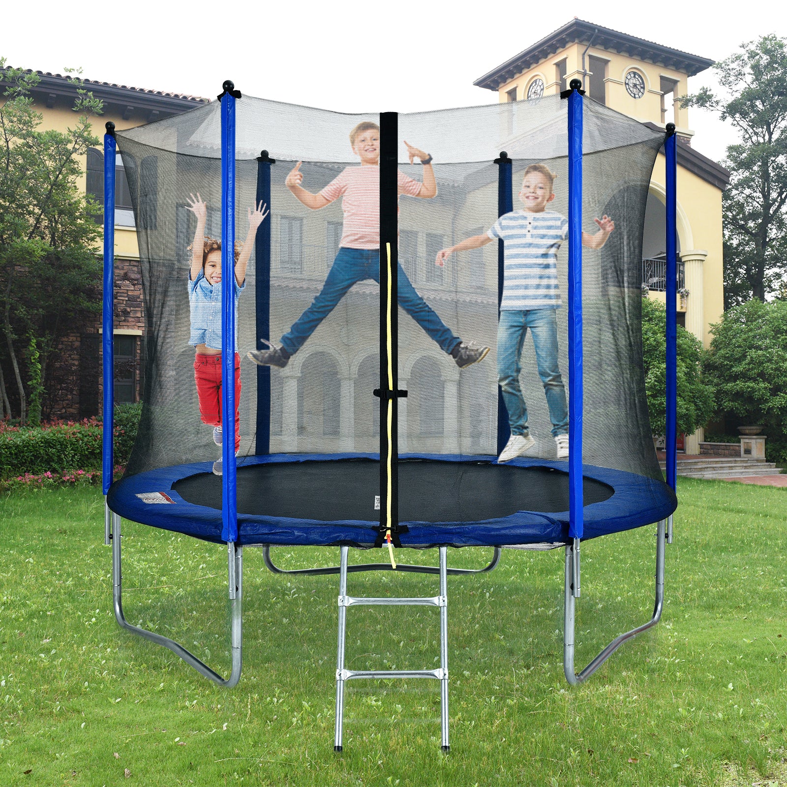 10 FT Trampoline with Safe Enclosure Net for 3-4 Kids， Outdoor Fitness Trampoline with Ladder for Indoor Park Kindergarten Toddler Trampolines，N00110