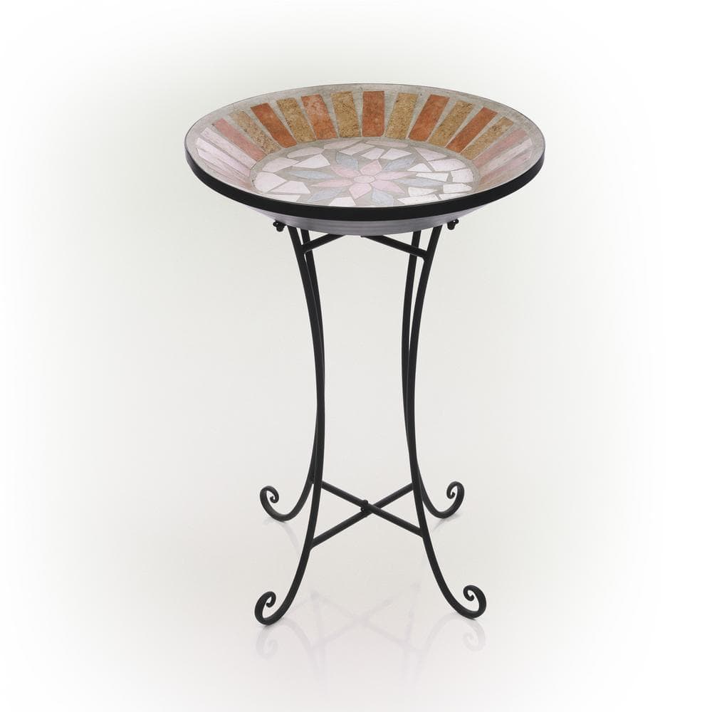 Alpine Corporation 25 in. H Outdoor Decorative Mosaic Birdbath with Metal Stand， Tan/Beige JFH920